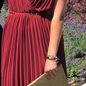 Red Pleated Deep V Dress